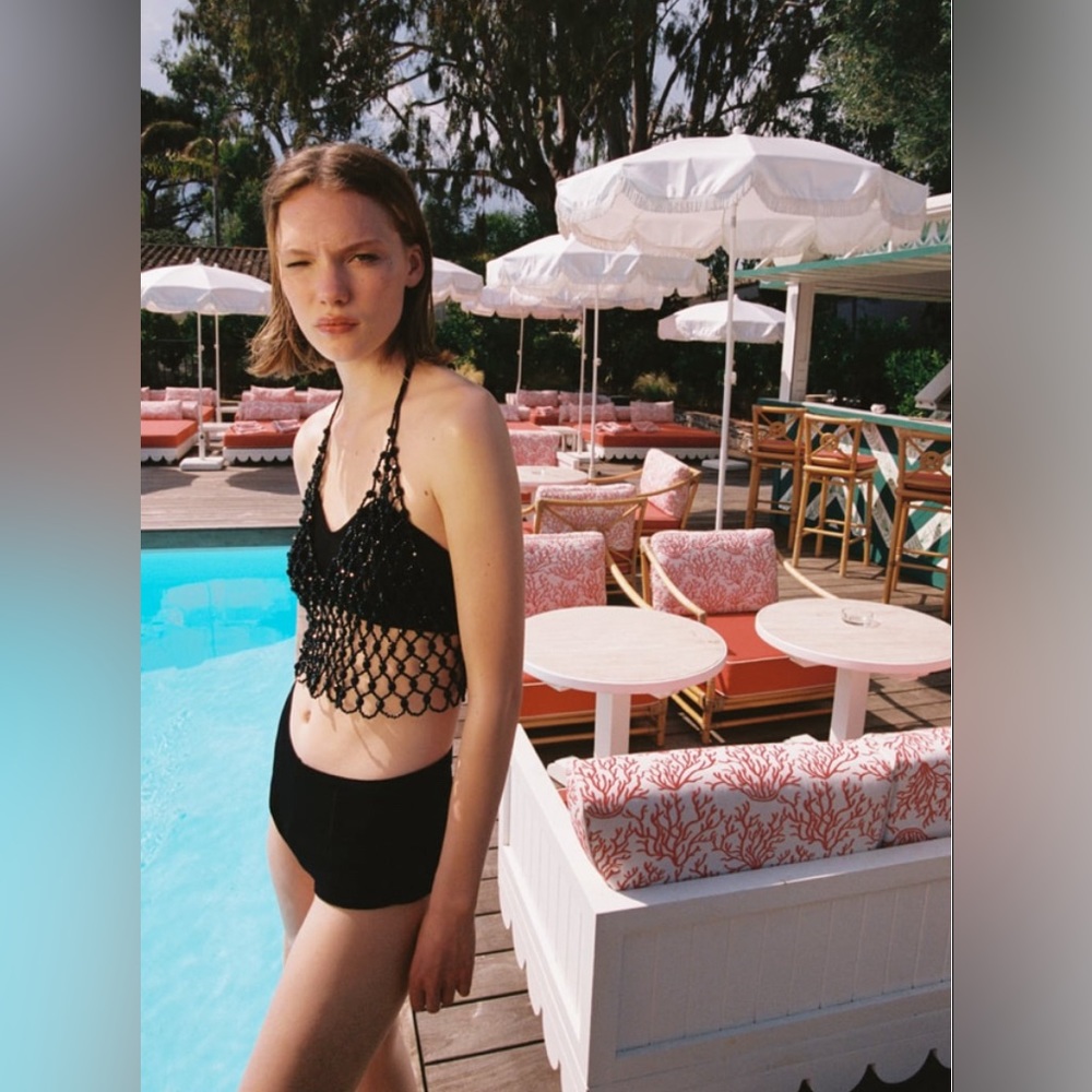 Zara black beaded handcrafted mesh top, festival